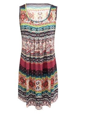 Sleeveless Multicolor Boho Print Midi Dress - Pink, Teal & Black